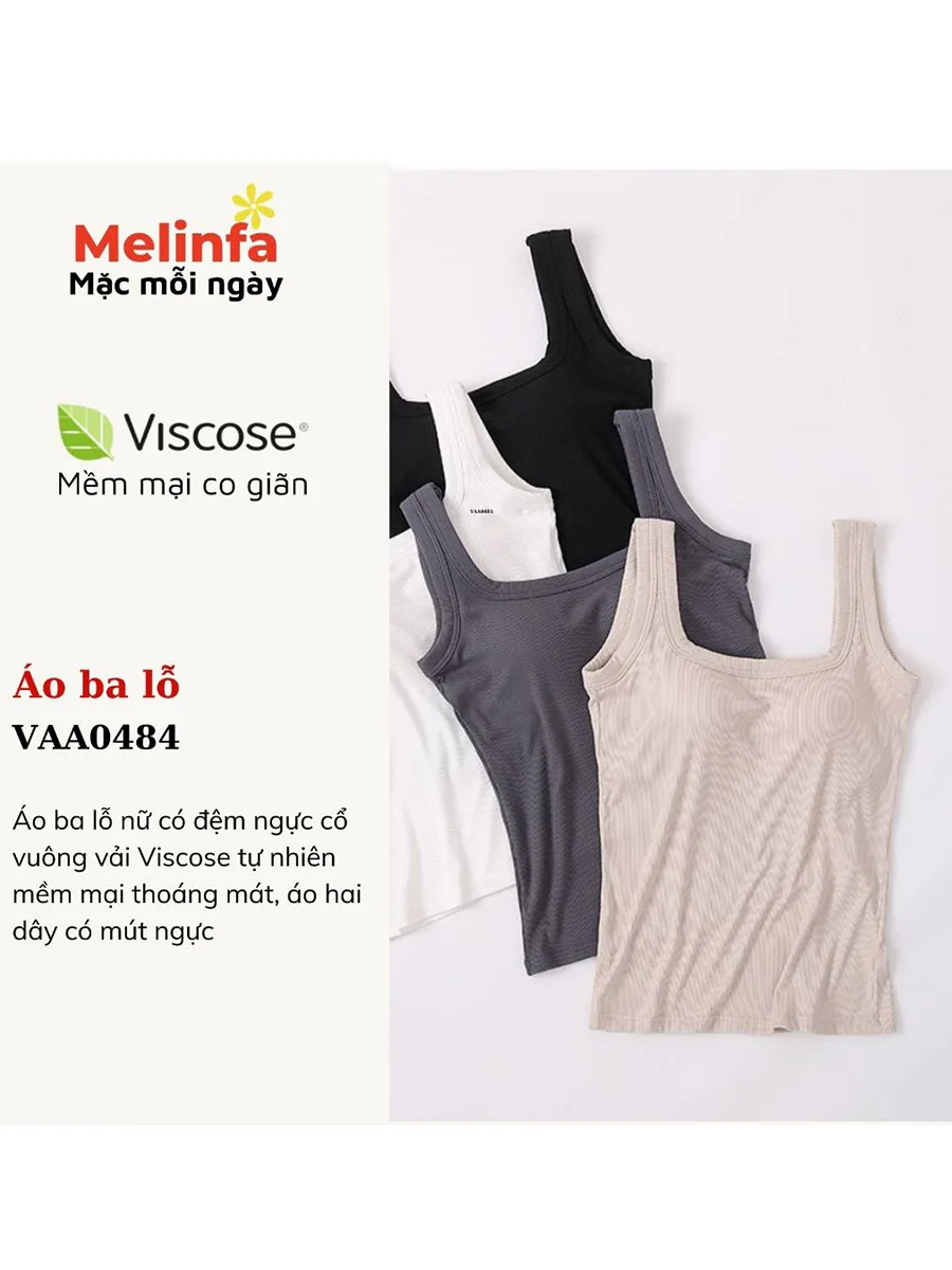 Áo Ba Lỗ Nữ Cổ Vuông Đệm Ngực Viscose Mềm VAA0484