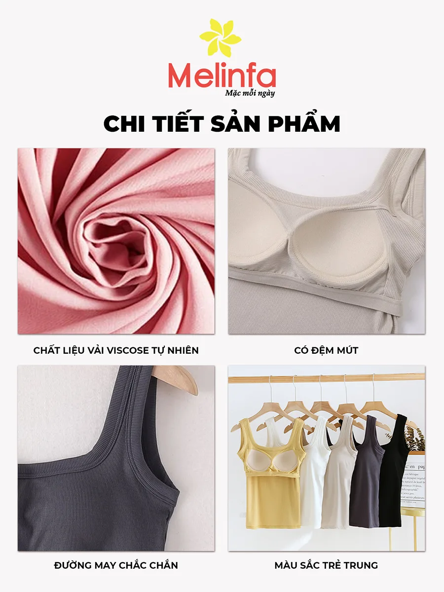 Áo Ba Lỗ Nữ Cổ Vuông Đệm Ngực Viscose Mềm VAA0484