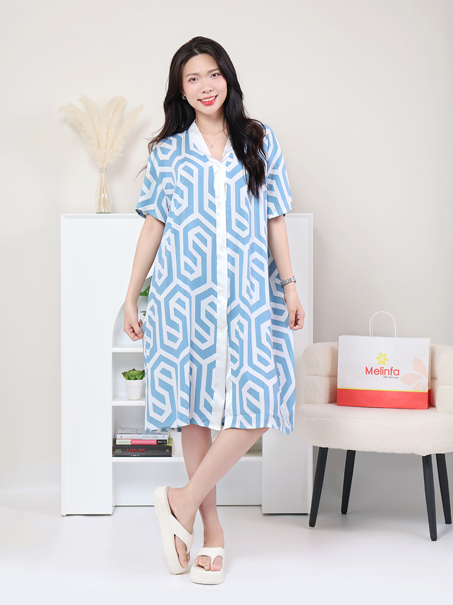 Đầm Ngủ Ngắn Tay Bigsize Dáng Suông Dài Cài Khuy MEV0566