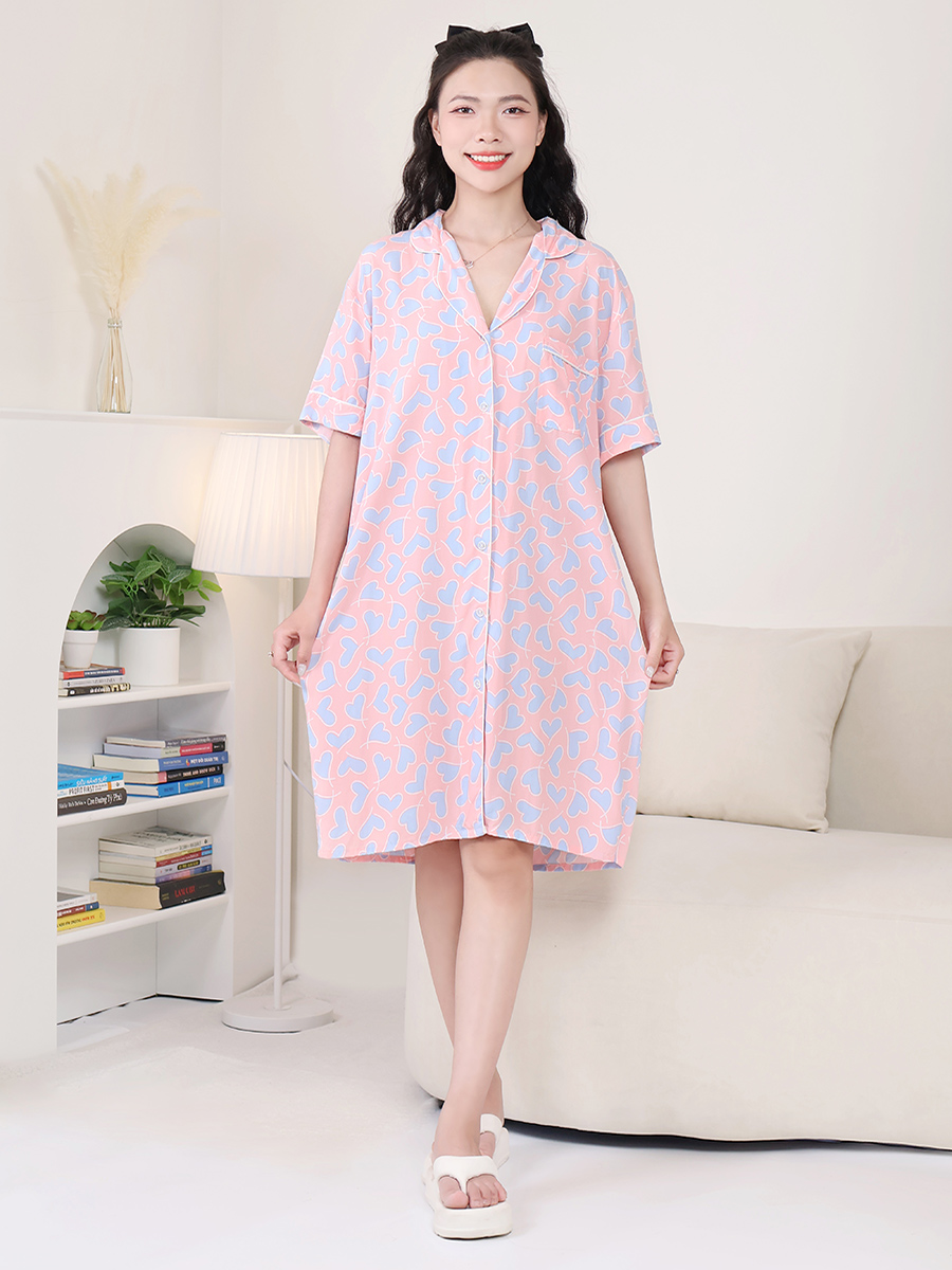 Đầm Ngủ Ngắn Tay Cài Cúc Cotton Lanh Lụa Bigsize MEV0575