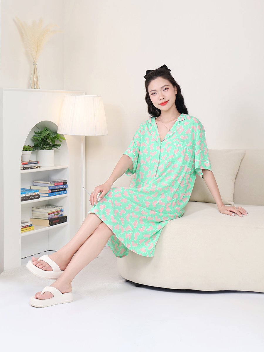 Đầm Ngủ Ngắn Tay Cài Cúc Cotton Lanh Lụa Bigsize MEV0575