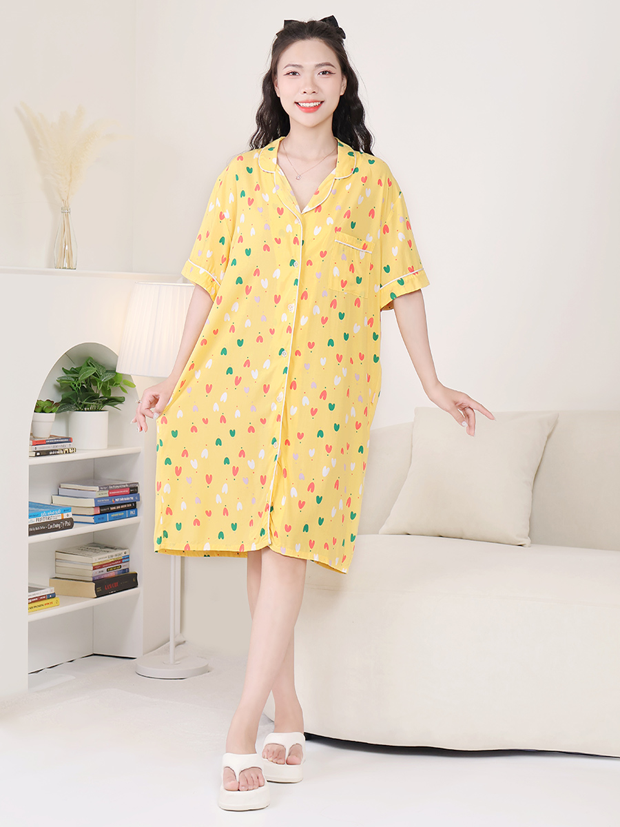 Đầm Ngủ Ngắn Tay Cài Cúc Cotton Lanh Lụa Bigsize MEV0575